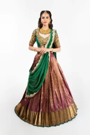 Royal Emerald & Magenta Brocade Half Saree – Hand-Embroidered Festive Ensemble