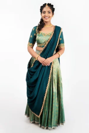 Emerald & Mint Brocade Silk Half Saree – Hand-Embroidered Traditional Ensemble