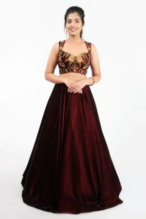 Royal Burgundy Velvet Lehenga Set – Hand-Embroidered Floral Choli & Flared Skirt