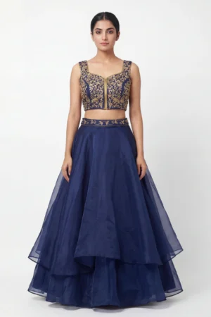 Midnight Blue Embroidered Indo-Western Set – Gold Zari Crop Top & Layered Flare Skirt