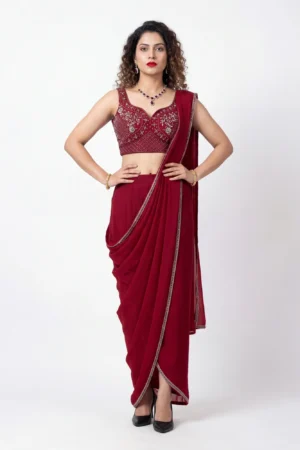 Maroon Embroidered Fusion Draped Set – Silver Threaded Bodice & Contemporary Pre-Stitched Silhouette