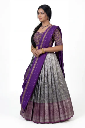 Royal Purple & Silver Brocade Half Saree – Hand-Embroidered Traditional Set