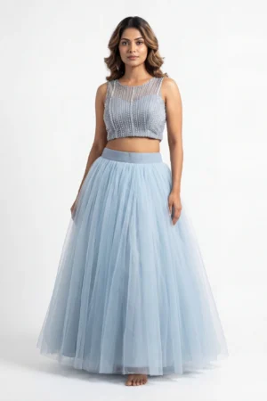 Frost Blue Beaded Tulle Set – Shimmering Linear Bodice & Voluminous Net Skirt