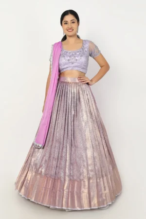 Lavender Metallic Brocade Half Saree – Hand-Embroidered Lattice Bodice & Pleated Skirt