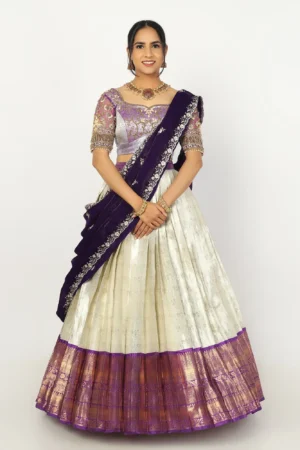 Royal Lavender & Ivory Brocade Half Saree – Hand-Embroidered Zari & Scalloped Festive Set