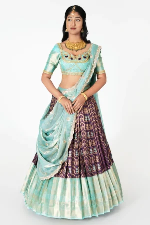 Seafoam & Plum Brocade Half Saree – Hand-Embroidered Zari & Floral Ensemble