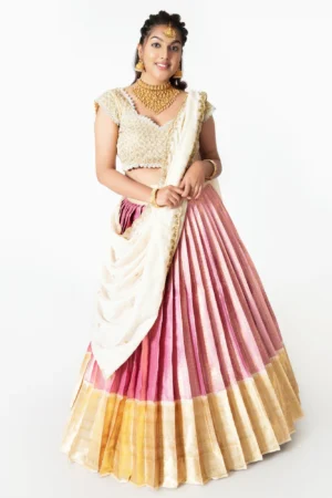 Blush & Ivory Brocade Half Saree – Textured Bodice & Gold-Bordered Festive Set