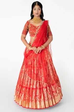 Scarlet Gold Brocade Half Saree – Hand-Embroidered Zari & Floral Festive Ensemble