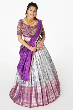 Royal Purple & Silver Brocade Half Saree – Hand-Embroidered Zari & Floral Festive Ensemble