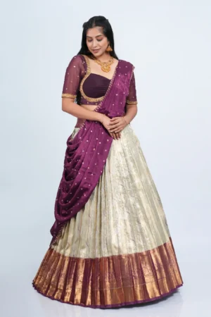 Wine & Champagne Brocade Half Saree – Hand-Embroidered Zari & Traditional Silk Set