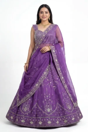 Royal Orchid Silver Zari Lehenga Set – Hand-Embroidered Scalloped Ensemble